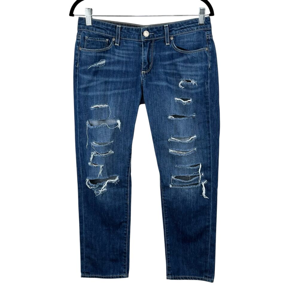 Paige Low Rise Distressed Grunge Jimmy Jimmy Crop Medium Wash Blue Jeans 27 USA